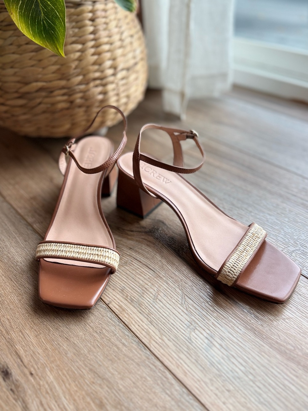 J. Crew Brown Block Heel Sandals with Raffia Strap